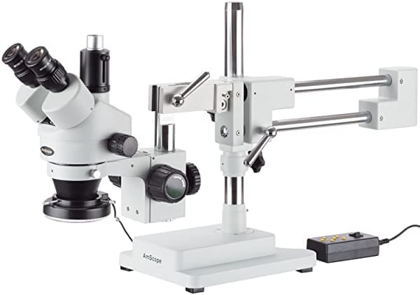 AmScope 35X-90X Microscopio Estéreo con Zoom Simul-Focal en Soporte de Doble Brazo Boom con Anillo de Luz de 144 LED SM-4TPZ-144