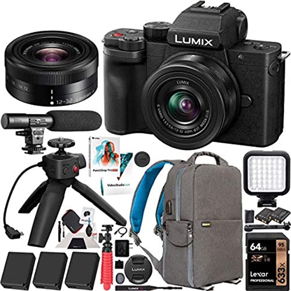 Panasonic Dc-G100Vk Lumix G100 - Kit De Grabación De Video 4K Sin Espejo Con Lente De 0.472-1.260 In + Agarre De Trípode Dmw-Shgr1 + Paquete De 3 Baterías Deco Gear Mochila + Led + Micrófono + Software Y Accesorios De 64 Gb E1PNDCG100VK