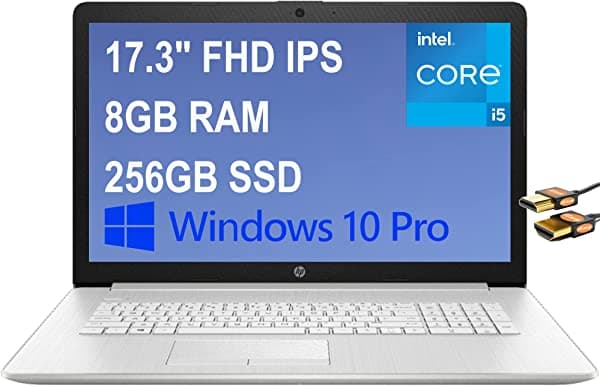 HP 17 Insignia Notebook 17.3" FHD IPS Pantalla Antirreflejos 11ª Generación Intel 4-Core i5-1135G7 (supera al i7-10510U) 8GB RAM 256GB SSD Intel Iris Xe Graphics DVD-RW Webcam Win10 Pro Plata + Cable HDMI HP 17 Laptop