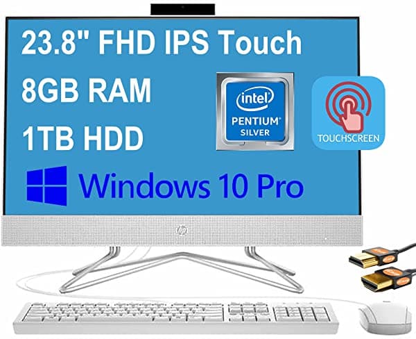 HP Flagship 24 Computadora All-in-One de Escritorio 23.8" FHD IPS 72% NTSC Pantalla Táctil Intel 4-Core Pentium Silver J5040 16GB RAM 1TB SSD DVD-RW WiFi Cámara Web Emergente Win10 Pro Blanco + Cable HDMI