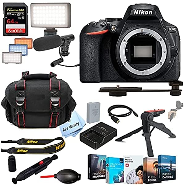 Nikon D5600 DSLR Cuerpo de Cámara (Sin Lente) | WiFi Incorporado | 24.2 MP + Micrófono Shotgun + Luz LED Continua + Tarjeta Extreme de Alta Velocidad de 64 GB Trípode Funda y Más (Paquete de Video de 26 Piezas)