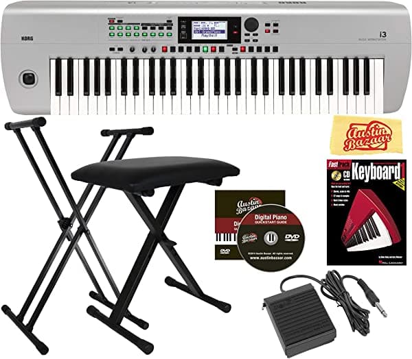 Korg i3 Music Workstation Bundle con Soporte Ajustable, Banco, Pedal de Sustain, Libro de Instrucciones, DVD de Instrucción de Austin Bazaar y Paño de Pulido Plata Mate AUS-I3MS-COMBO-STD