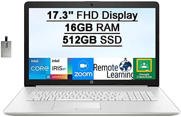 2021 HP 17.3" HD+ Notebook Procesador Intel Core i5-1135G7 (> i7-1065G7) 16GB RAM 512GB PCIe SSD Teclado Retroiluminado Intel Iris Xe Graphics HD Audio Cámara Web HD Win 10 Plata Tarjeta USB de 32 GB