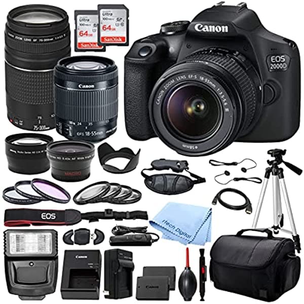 Canon Eos 2000D (Rebel T7) Cámara Dslr Con Lentes Ef-S 0.709-2.165 In Dc Iii Y 2.953-11.811 In Iii Y Paquete De Accesorios De Lujo - Incluye 2 Tarjetas De Memoria Sandisk Ultra 64Gb Sdhc Batería De Repuesto Funda De Transporte Y Más canon2000D64gb