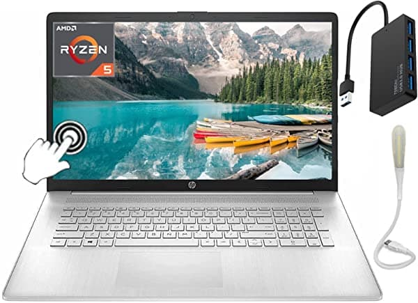 Hp Pantalla Táctil Hd+ De 17.3 Pulgadas Amd 6 Núcleos Ryzen 5 5500U 16 Gb Ram 256 Gb Ssd + 1 Tb Hdd Wi-Fi Bluetooth 5.0 Teclado Numérico Windows 10 Home Plata Paquete Con Hub Usb Tsbeau De 4 Puertos + Luz Led Usb HP laptop