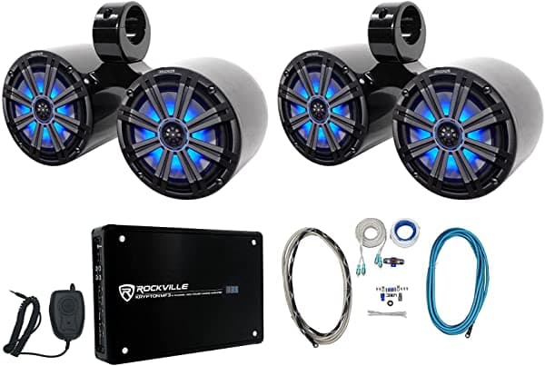 Kicker Parlantes Impermeables 45KM84L con Paquete de LED con Parlante DMAC80B Wakeboard Cable Rockville MRCA25 RCA Pin RMWK8 Kit de Cables de Amplificador Impermeable y RXM-F3 Amplificador de 4 Canales con Micrófono (7 Artículos) (2) 45KM84L+(2) DMAC80B+RXM-F3 pack