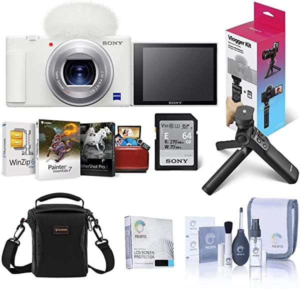 Sony Vlog ZV-1 Cámara Compacta 4K HD con Grip/Trípode, Tarjeta SD 64GB, Bolso de Hombro, Software Corel y Accesorios, Blanca