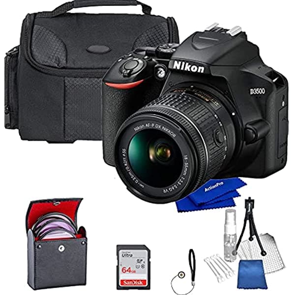 Nikon Intl D3500 Cámara Digital DSLR de 24.2 MP con Paquete de Lente VR de 18-55mm Incluye Tarjeta de Memoria SD de 64 GB Bolso para Cámara Grande Kit de Filtro Limpieza y Más (Kit Pequeño) D3500NK-Bund