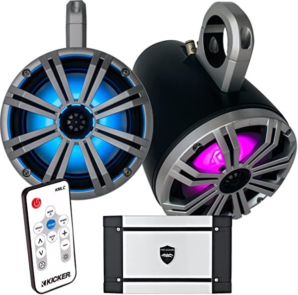 Kicker Marine - Sistema De Torre Negra De 8 Pulgadas Altavoces Coaxiales De 8 Pulgadas Sonidos Húmedos Ht-4 Amperios Y Control Remoto Led De 41 Kmlc 43KMTES8B+41KM84LCWS