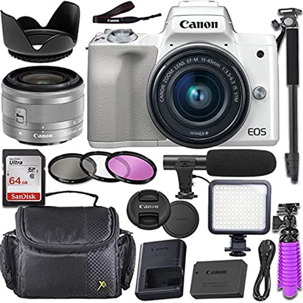 Canon EOS M50 Cámara Sin Espejo (Blanco) con Lente Canon 0.591-1.772 in f/3.5-6.3 IS STM + Paquete de Accesorios de Video de Lujo
