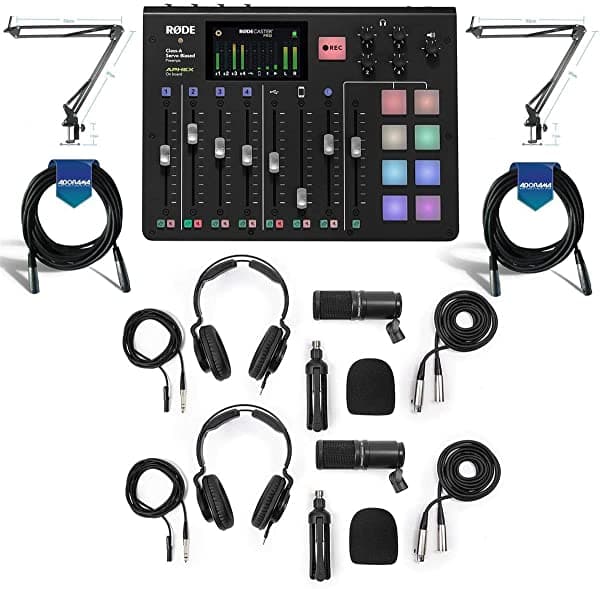Rode Rodecaster Pro - Consola De Producción Integrada De Podcast - Paquete Con Zoom Zdm-1 Podcast Micrófono Pack Brazo De Grúa De Suspensión De Micrófono Técnico Pro Arm1 20' Resistente 0.276 In Cable De Micrófono Xlr De Goma RODECASTER PRO O