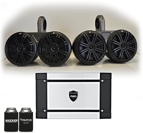 Kicker Marine Dual Wake Tower Sistema Con 4 Altavoces Carbón 6.5 Sonidos Húmedos Ht-4 400 W Marine Amp (4)BKM604B+12KMTED+HT-4
