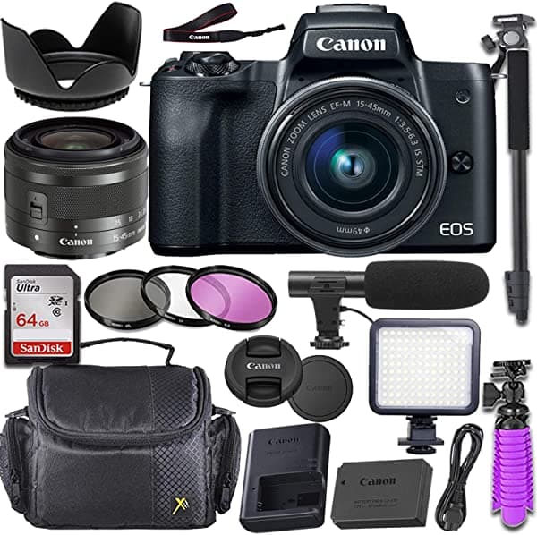 Canon EOS M50 Cámara Sin Espejo con Lente Canon 0.591-1.772 in f/3.5-6.3 IS STM + Paquete de Accesorios de Video de Lujo