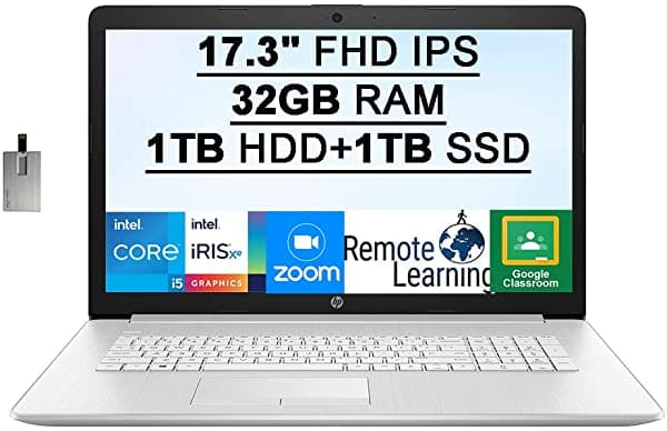 Hp Laptop Fhd 2022 De 17.3 Pulgadas Procesador Intel Core I5-1135G7 32 Gb De Ram 1 Tb Hdd+1 Tb Pcie Ssd Gráficos Intel Iris Xe Audio Hd Bluetooth Hdmi Windows 10S Plata Tarjeta Usb De 32 Gb