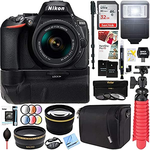 Nikon D5600 Dx-Format Cámara Réflex Digital De 24.2 Mp Con Af-P 18 - 55 Mm Vr Lente Kit + 64 Gb Batería Grip Accesorio Bundle E12NKD56001855KG