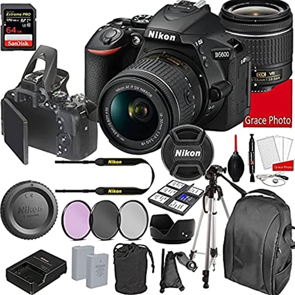Nikon D5600 Kit De Cámara Dslr Con Lente Vr De 0.709-2.165 In | Wi-Fi Incorporado | Sensor Cmos De 24.2 Mp | Conectividad Bluetooth Snapbridge | Tarjeta Mempry De Velocidad Extrema De 64 Gb (Paquete De 27 Piezas)
