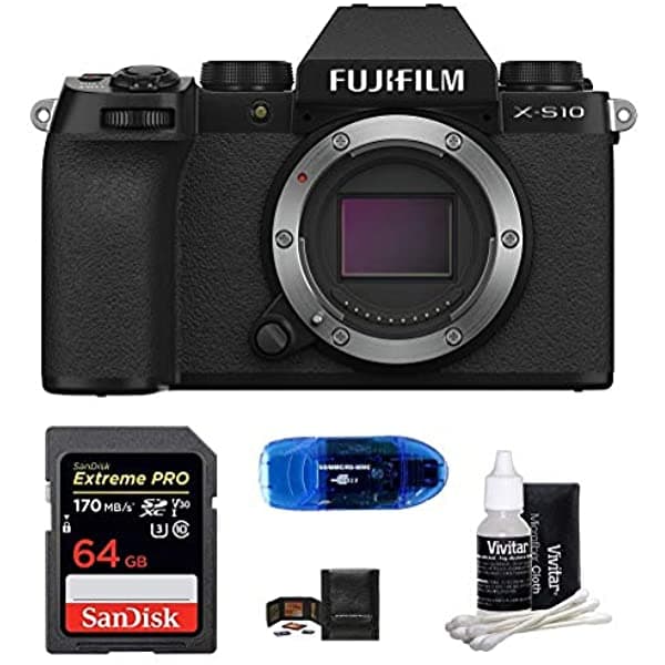 Fujifilm X-S10 Paquete De Cámara Digital Sin Espejo Incluye: Sandisk 64Gb Extreme Pro Sdxc Tarjeta De Memoria Lector De Tarjetas Cartera De Tarjeta De Memoria Y Kit De Limpieza De Lentes (5 Artículos) (Cuerpo) FUJIFILM X-S10 Mirrorless Digital Camera