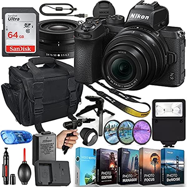 Nikon Z50 - Cámara Digital Sin Espejo con Lente de 0.630-1.969 in Paquete Mfr #1633 + Memoria de Alta Velocidad de 64 GB + Flash Esclavo Bolso de Hombro Acolchado Trípode de Agarre Filtros HD Paquete de Software de Edición de Video/Fotos y Más