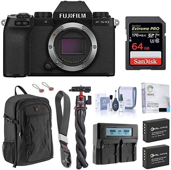 Cámara Digital Fujifilm X-S10 Sin Espejo Negro (Solo Cuerpo) - Paquete con Tarjeta SD de 64 GB Mochila 2 Baterías Adicionales Cargador Doble Correa de Muñeca Trípode Flexible y Accesorios