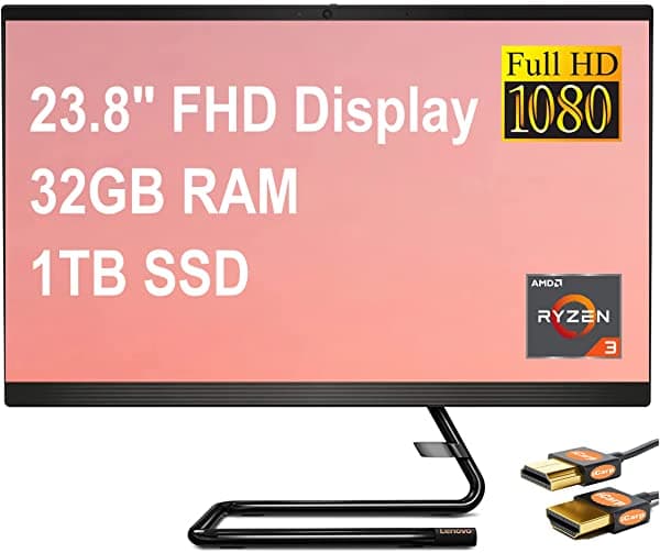 Lenovo IdeaCentre AIO 3 24 Computadora de Escritorio Todo en Uno 23.8" FHD Display AMD Quad-Core Ryzen 3 4300U (supera al i5-10310U) 32GB RAM 1TB SSD AMD Radeon Graphics DVD-RW Win10 Negro + Cable HDMI