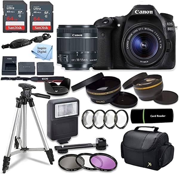 Eos 80D - Cámara Réflex Digital Con Lente Stm De 18 A 2.165 In + 2 Tarjetas De Memoria Sandisk De 64 Gb + Kit De Accesorios cn80dbun