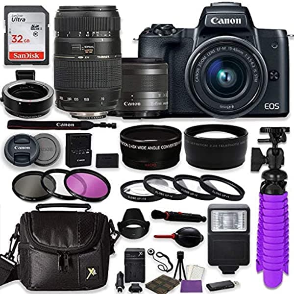 Canon Eos M50 - Cámara Digital Sin Espejo (Negro) Con Canon Ef-M De 0.591-1.772 In Es Stm & Tamron 2.756-11.811 In Di Ld Lentes + Adaptador De Montaje Automático (Ef/Ef-S A Ef-M) + Bolsa De Accesorios