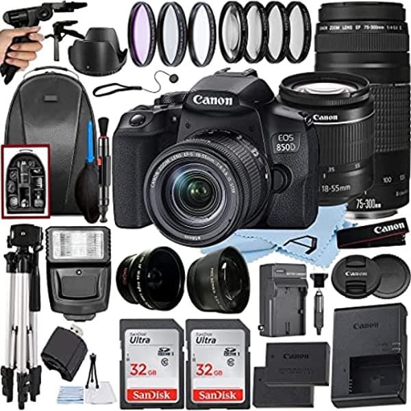 ACELL Canon Eos 850D (Rebel T8I) Cámara Dslr Con Ef-S De 0.709-2.165 In Es Stm + Lente Ef De 2.953-11.811 In + 2 Unidades De Tarjeta De Memoria Sandisk De 32 Gb + Mochila + Flash + Macro Close Up + Paquete De Accesorios De Celda A