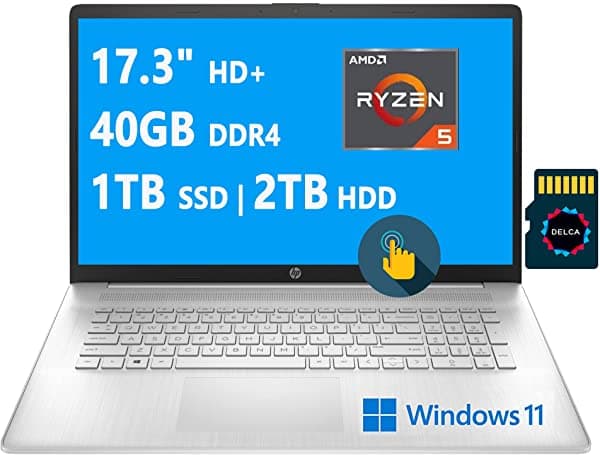 HP Laptop 17 Premium Computadora Empresarial | 17.3" HD+ Pantalla Táctil | AMD 6-Core Ryzen 5 5500U (supera al i7-1160G7) | 20GB DDR4 1TB SSD + 2TB HDD | Huella Digital USB-C Office365 Win11 Plata + Tarjeta MicroSD de 32GB