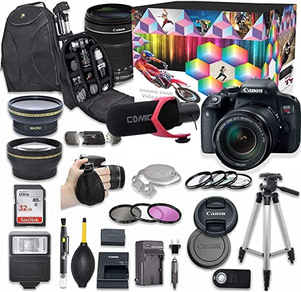Canon EOS Rebel T7i Kit de Video con EF-S 0.709-5.315 in f/3.5-5.6 Lente IS STM + Gran Angular + 2X Teleobjetivo + Paquete de Accesorios