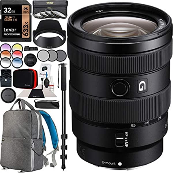 Sony E 0.630-2.165 In F2.8 G Lente Sel1655G Zoom Estándar Para Cámaras Aps-C E-Mount Bundle Con Kit De Filtro De Fotografía De Lujo De 2.638 In Funda De Mochila Deco Gear Y Accesorios E11SNSEL1655G