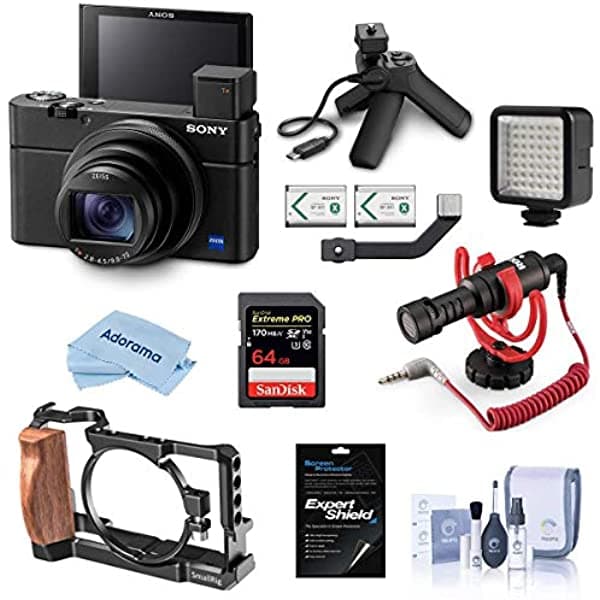 Sony Cyber-Shot Dsc-Rx100 Vii Cámara Digital Con Agarre De Disparo - Pack Con Rode Videomicro Micrófono Compacto En La Cámara Tarjeta Sdxc De 64 Gb Mini Luz Led Jaula Pequeña Protector De Pantalla Más