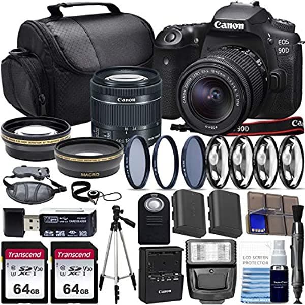 Canon Eos 90D - Cámara Réflex Digital Con Objetivo Canon 0.709-2.165 In Stm Con Gran Angular + Teleobjetivo + 2 Tarjetas De Memoria Clase 10 De 64 Gb Y Juego Completo De Iniciadores EOS 90D Kit 4