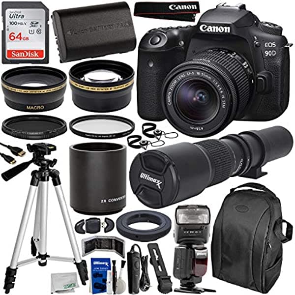 Canon Eos 90D Dslr Cámara Con Ef-S 0.709-2.165 In Y 500/39.370 In Manual Preset Lente Essential Bundle - Incluye 2X Teleconvertidor Sandisk Ultra 64Gb Tarjeta Sd Batería Lp-E6 De Repuesto Flash Ttl Dedicado Y Más CA90D1855500EB1