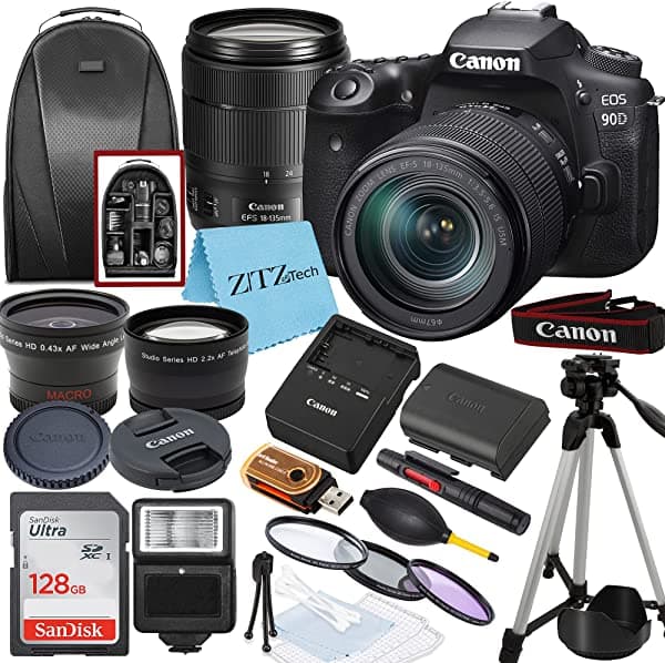 Canon Eos 90D Dslr Cámara 32.5Mp Sensor 4K Uhd Con Ef-S 0.709-5.315 In Usm Lente + Tarjeta De Memoria Sandisk 128Gb + Trípode + Funda + Lentes Gran Angular + Zeetech Paquete De Accesorios (20 Unides)