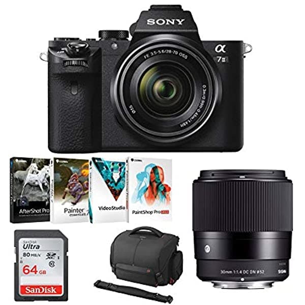 Sony Alpha A7Ii Cámara Digital Sin Espejo Con Lente De 1.102 - 2.756 In Sigma 1.181 In Sigma Kit De Software De Fotografía Sony Estuche Ligero Y Tarjeta De Memoria De 64 Gb (5 Artículos)
