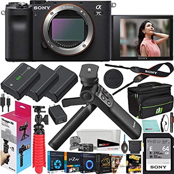 Sony A7C Cámara Full Frame Sin Espejo Cuerpo de Lente Intercambiable Solo Negro ILCE7C/B Pack con Kit Vlogger ACCVC1 GP-VPT2BT Empuñadura de Disparo con Control Remoto Inalámbrico + 2 Baterías + Bolso para Equipo Deco y Accesorios E11SNILCE7CB