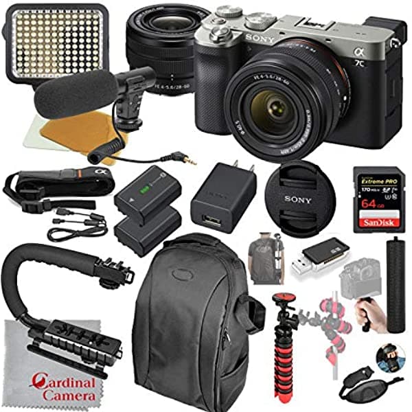 Cardinal Camera-Sony Sony Alpha A7C Cámara Digital Sin Espejo Con Lente De 1.102-2.362 In (Plata) Paquete De Vídeo + Luz De Vídeo Led + Micrófono + Memoria De Velocidad Extrema De 64 Gb (20 Unidades) ILCE7CL/S