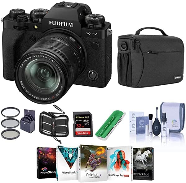 Fujifilm X-T4 Cámara Sin Espejo con Lente OIS XF 18-55mm f/2.8-4 R LM Color Negro Pack con Bolso de Hombro Tarjeta SDHC 32GB Kit de Limpieza Lector de Tarjetas Estuche para Tarjetas de Memoria Paquete de Software para PC Kit de Filtro de 58mm