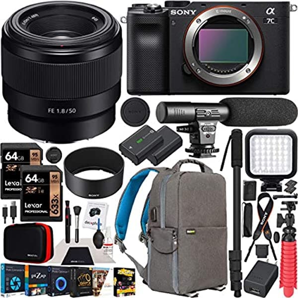 Sony A7C Cuerpo de Cámara Sin Espejo Full Frame FE 50mm f1.8 Lente Full Frame SEL50F18F Negro ILCE7C/B Pack con Mochila de Fotografía Deco Gear Software y Accesorios E40SNILCE7CBX3