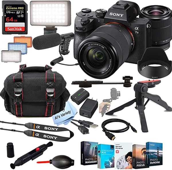 Sony Alpha A7 III Cámara Digital Sin Espejo con Lente de 28-70mm + Micrófono Shotgun + Luz LED Continua + Tarjeta de Alta Velocidad de 64 GB Gripod Funda y Más (Paquete de Video de 26 Piezas)