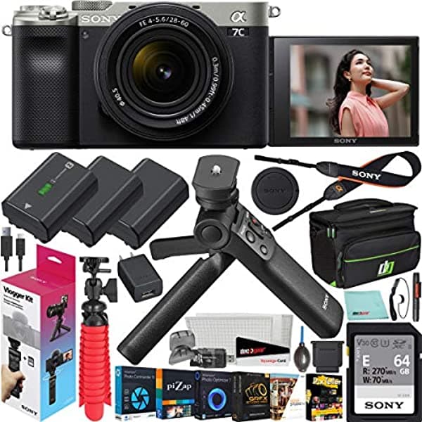 Sony A7C - Cuerpo De Cámara De Fotograma Completo Sin Espejo Con Lente F4-5.6 De 1.102-2.362 In Paquete Plateado Ilce7Cl/S + Kit De Vlogger Accvc1 Agarre De Disparo Gp-Vpt2Bt Con Control Remoto Inalámbrico + 2 Baterías + Bolsa De Engranajes Deco Y Accesorios E11SNILCE7CLS