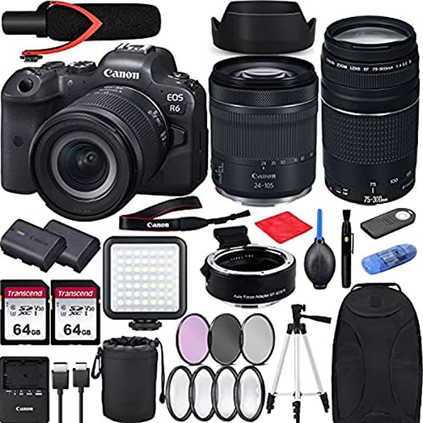 Canon Eos R6 Con Rf 0.945-4.134 In F/4-7.1 Es Stm Lente Sin Espejo Cámara Bundle + Ef 75-300 Es Iii Adaptador De Montaje Ef-Eos R6 Micrófono V30 Luz Led Batería Adicional Y Accesorios (Mochila Y Más)