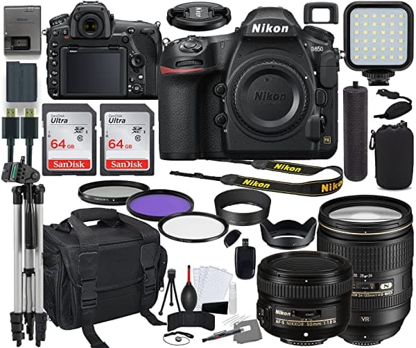 Nikon D850 Cámara Dslr (1585) Con 0.945-4.724 In Y 1.969 In F/1.8G Paquete De Lente + Kit De Accesorios Prime Incluyendo Memoria De 128 Gb Luz Funda Para Cámara Agarre De Mano Y Más