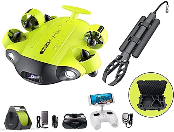 Qysea Fifish V6S Drone Subacuático Garra De Brazo Robótico + Caja Vr + Cable De 328.1 Ft + Bobina + Tarjeta Sd De 64 G + Paquete De Caja Industrial 783903576468