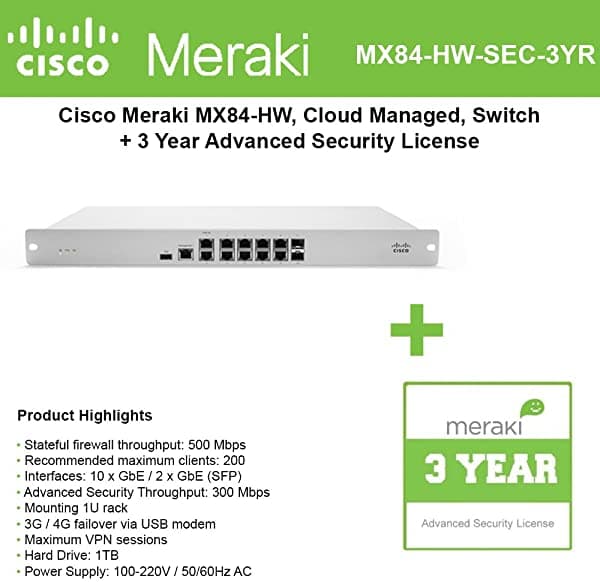 Paquete Avanzado De Seguridad Cisco Meraki Mx84 Puertos Sfp De 500 Mbps 10Xgbe Y 2Xgbe Con Licencia De Seguridad Avanzada De 3 Años MX84-HW-SEC-3YR-1