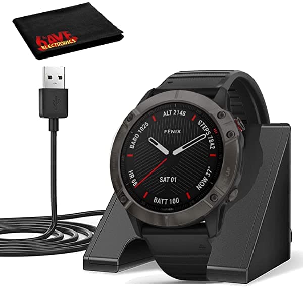 Garmin Fenix 6X Multisport Gps Smartwatch (2.008 In Zafiro Gris Carbono Dlc/Banda Negra) Con Soporte De Carga Y Paño De Microfibra 010-02157-10