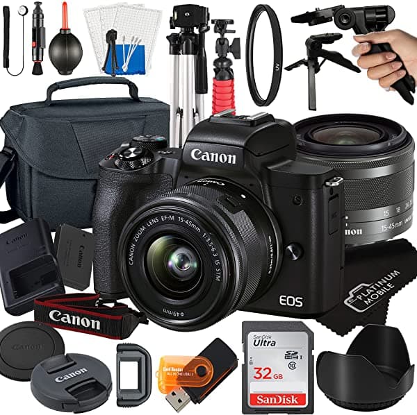 Megaaccessory Canon Eos M50 Mark Ii Cámara Digital Sin Espejo Con Lente De Zoom Stm De 15 A 1.772 In + Accesorios Móviles Platino. El Paquete Incluye Tarjeta Sandisk De 32 Gb Trípode Funda Y Más (Paquete De 21 Unidades)