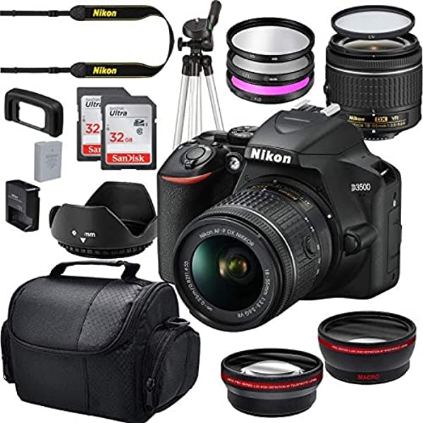 Nikon D3500 Con AF-P DX Nikkor 18-55 mm f/3.5-5.6G VR Importación + Paquete De Inicio De Lujo Que Incluye 2 Tarjetas De Memoria SD SanDisk De 32 GB Lente Gran Angular Y Teleobjetivo Bolso De Gadgets Plus