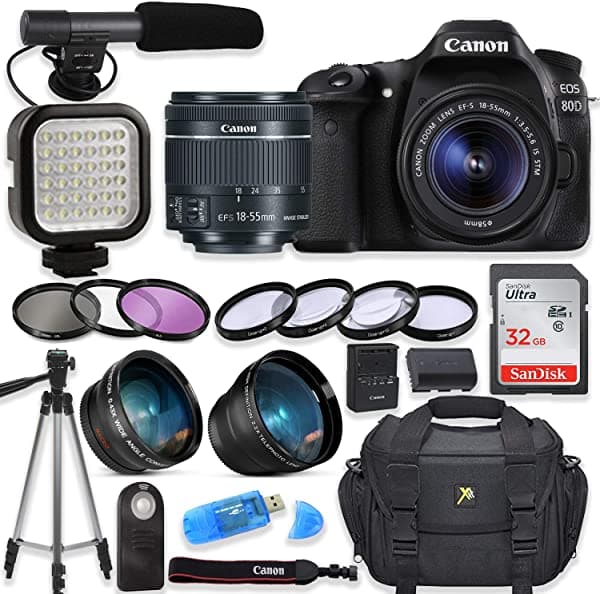 Canon EOS 80D Cámara Réflex Digital Con Lente Canon EF-S 18-55 mm f/3.5-5.6 IS STM + Luz LED De Video + Micrófono Shotgun + Tarjeta De Memoria SDHC SanDisk 32 GB Bolso Para Cámara (Paquete Completo De Video)