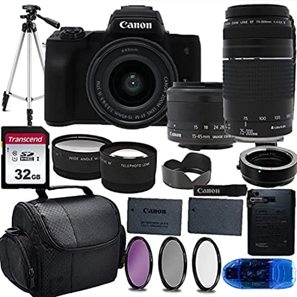 Cámara Digital Canon EOS M50 Mark II Sin Espejo (Negro) Y Lente 15-45 mm STM + Lente EF 75-300 mm III Con Adaptador De Montaje EOS M + Tarjeta De Memoria Transcend De 32 GB Bolso De Hombro Y Paquete De Accesorios Esenciales